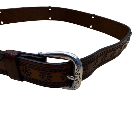 Brighton XL Brown Leather Floral Tooled Western Belt  Engraved Silver Buckle